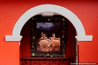 Painting of alpacas beneath an archway at the Carlos Dreyer Museum in Puno. Peru, South America.