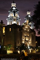 Parroquia La Virgen Milagrosa with amazing lights at night in Miraflores, Lima.