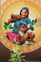 Native woman bathing her child, cultural mural in Lamas.