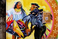Versión más grande de Bailarines de la Cajada, hombre y mujer bailando, mural cultural en Lamas.