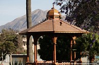 Bandstand in the plaza in Caraz complimenting the mountain shape. Peru, South America.