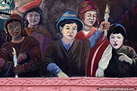 Group of people hold candles, mural at Plaza de la Almudena, Cusco.