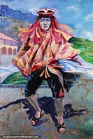 Man with costume that looks like fire, traditional dancing, mural in Cusco. Peru, South America.