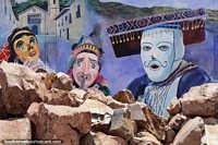 3 carnival characters, part of a set of murals in Cusco. Peru, South America.