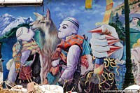 With a llama, a group wear white masks in the mountains, mural in Cusco.