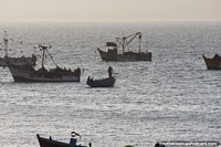 Perspectiva para o oceano em Paracas com barcos de pesca atracados. Peru, América do Sul.