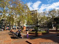 Fuente y árboles en Plaza de los 33 en Montevideo central. Uruguay, Sudamerica.