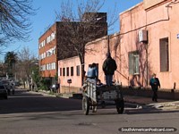Um cavalo e a carreta trotam descendo pela rua em Tacuarembo. Uruguai, América do Sul.