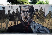 Larger version of Jose Artigas and men on horseback, leading the fight for independence, mural in Carmelo.