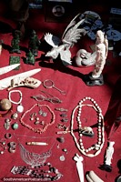 Jewelry made from bone, metal and stone, one of a kind items at La Feria Tristan Narvaja market, Montevideo. Uruguay, South America.