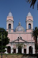 Pink cathedral built in 1895 in Maldonado, neoclassicism style, large dome and towers. Uruguay, South America.