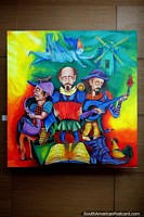 El trío de Cervantes, los músicos tocan en hermosos colores brillantes, pintura en venta en la galería La Vista, Punta del Este. Uruguay, Sudamerica.