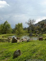 Versão maior do Tanque, rochas e ponte de madeira nos jardins botânicos de Mérida.