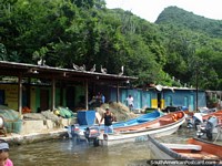 A entrada de rio na Porto Colômbia é cheia de barcos de pesca. Venezuela, América do Sul.