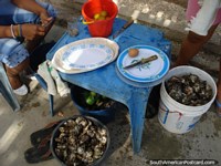 Fresh oysters with lemon by the bucket-load at La Restinga on Isla Margarita. Venezuela, South America.