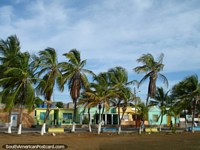 Colored houses and palm trees at the eastern end of Boca de Rio, Isla Margarita. Venezuela, South America.