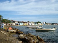 Looking towards the eastern side of Boca de Rio, Isla Margarita, boats, sea, houses. Venezuela, South America.