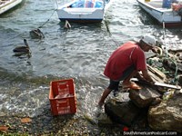 Un pescador trata su pescado al lado del agua en el Boca de Rio, Isla Margarita. Venezuela, Sudamerica.