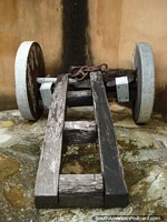 An old cannon cart made of wood at the castle in La Asuncion, Isla Margarita. Venezuela, South America.
