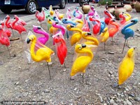 Plastic flamingos to stick around the garden or pond, Quibor.