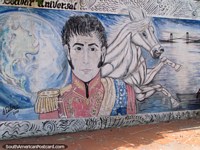 Larger version of Simon Bolivar mural with white horse and bridge in Ciudad Bolivar.