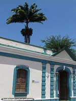 Edificio histórico verde y blanco con palmera detrás en Barquisimeto. Venezuela, Sudamerica.
