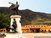 Plaza Bolivar in Mucuchies with Simon Bolivar holding a sword. Venezuela, South America.