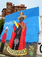 A mural of an indigenous man and a farmer celebrating the bicentennial, the castle behind, Mucuchies. Venezuela, South America.