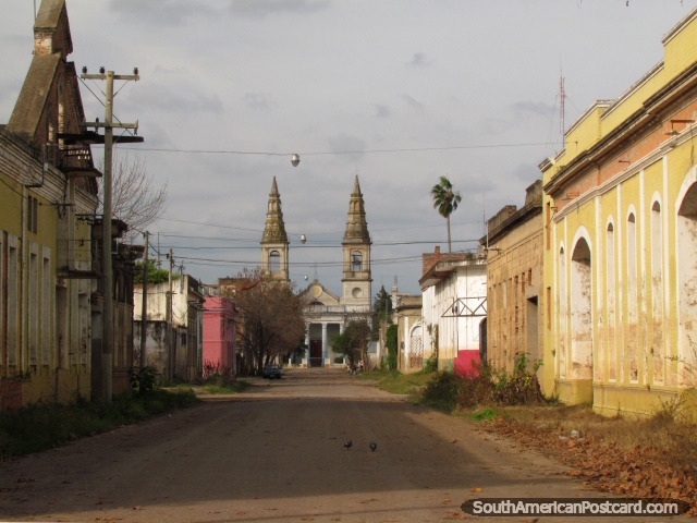 Looking up the street from the port to church Parroquia San Ramon in Paysandu. (640x480px). Uruguay, South America.