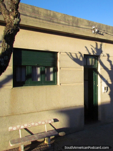Casa com árvore assento de banco de sombra e rosa em Dolores. (480x640px). Uruguai, América do Sul.