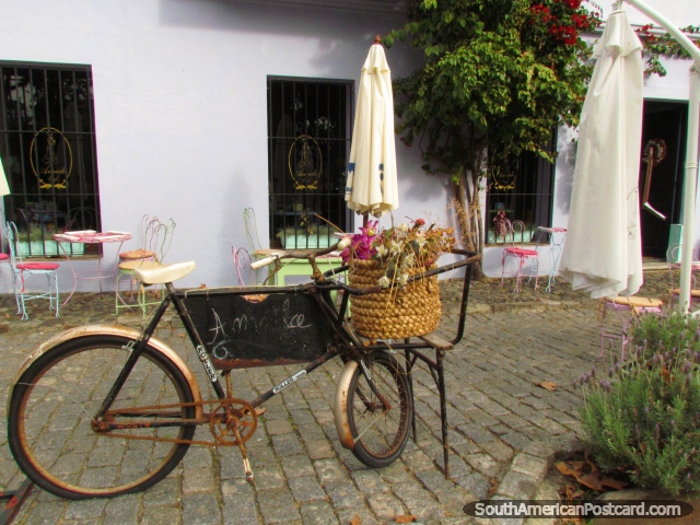 Uma velha bicicleta enferrujada com cesto de flor do lado de fora de restaurante em Colônia. (640x480px). Uruguai, América do Sul.