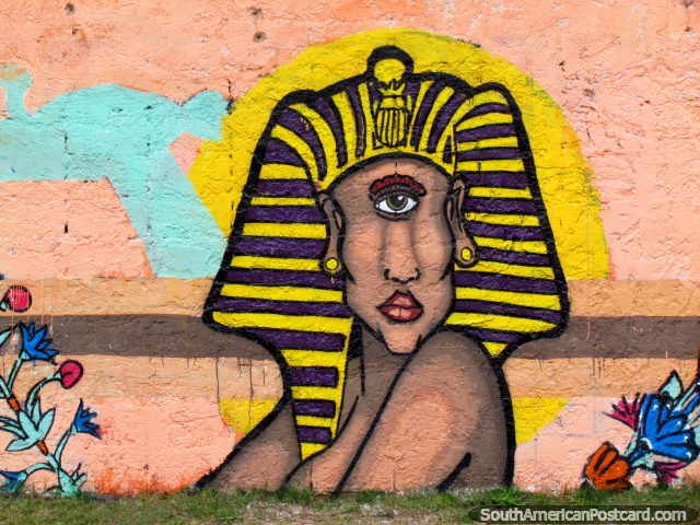 Fara egpcio caolho, engrenagem dianteira amarela, arte de grafite, Montevido. (640x480px). Uruguai, Amrica do Sul.