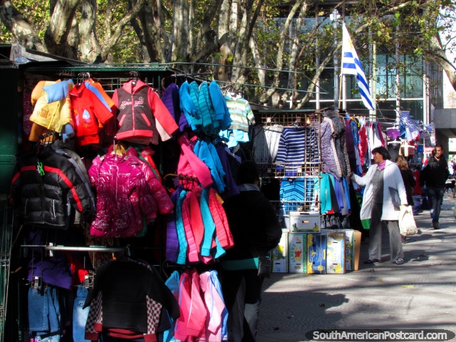 Clothing stalls beside a park in Montevideo. (640x480px). Uruguay, South America.