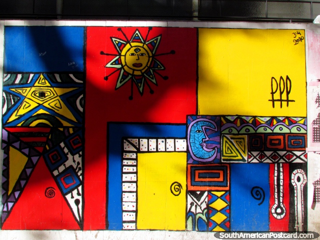 Pintura mural de arte de colores brillantes en una pared en Montevideo. (640x480px). Uruguay, Sudamerica.