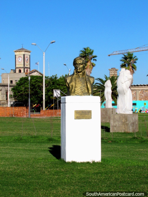 Admiral Guillermo Brown (1777-1857) bust, sculptures and clock tower in Montevideo. (480x640px). Uruguay, South America.