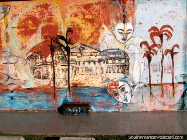 Oriental faces and Teatro Solis graffiti art in Montevideo. (640x480px). Uruguay, South America.