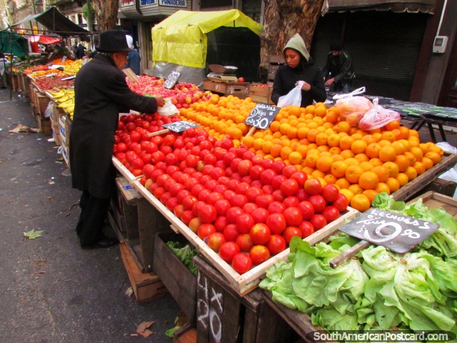 Tomates e mandarins, mercados de a Feira Tristan Narvaja em Montevido.   (640x480px). Uruguai, Amrica do Sul.
