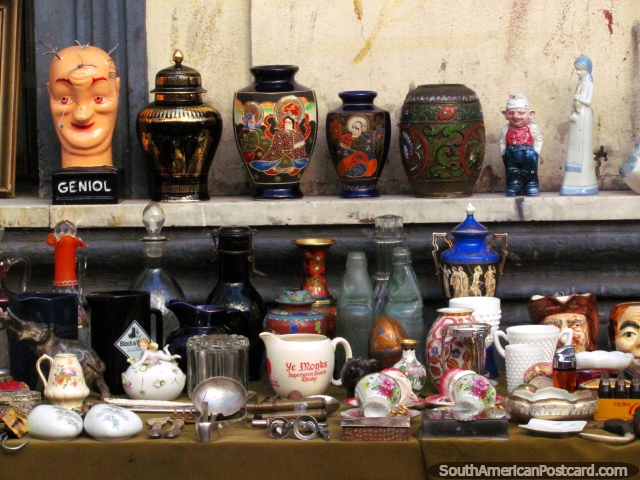 Amazing fragile antiques at La Feria Tristan Narvaja markets in Montevideo. (640x480px). Uruguay, South America.