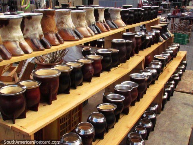 Mugs and cow hooves for drinking mate tea at the Sunday markets, Montevideo. (640x480px). Uruguay, South America.