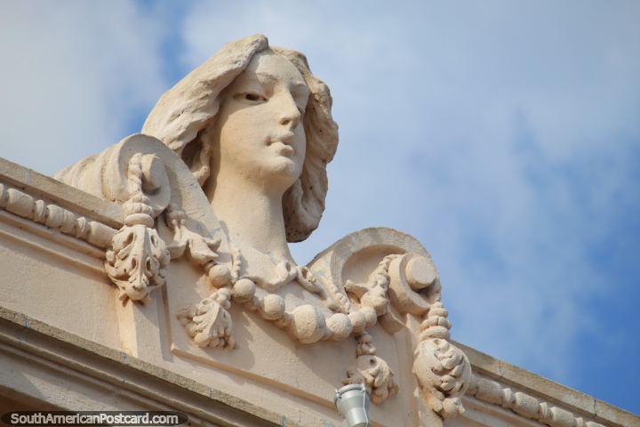 Close-up of the stone woman at the top of Teatro Young (theatre) in Fray Bentos. (720x480px). Uruguay, South America.