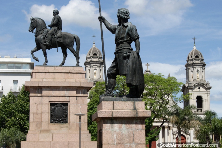 Monuments and the cathedral at Plaza Artigas in Salto, consecrated in 1889. (720x480px). Uruguay, South America.