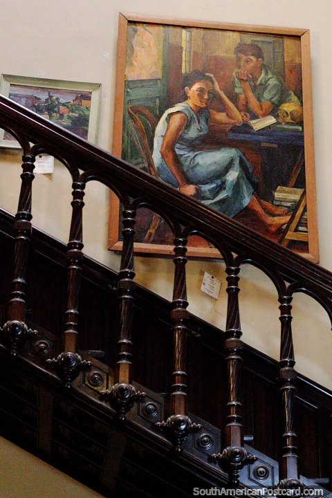 Beautiful painting of a woman and a boy and the staircase at the fine arts museum in Salto. (480x720px). Uruguay, South America.