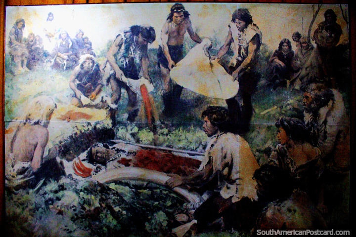 Ceremonia de muerte de un hombre de Cro-Magnon, pintura en el museo del hombre y la tecnologa en Salto. (720x480px). Uruguay, Sudamerica.