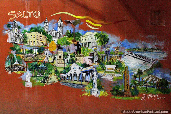 Mural by Jose Roman in Salto featuring many of the sights of the city. (720x480px). Uruguay, South America.