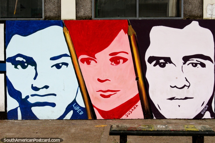 3 caras grandes afuera de una universidad en Paysandú, un mural de la calle. (720x480px). Uruguay, Sudamerica.