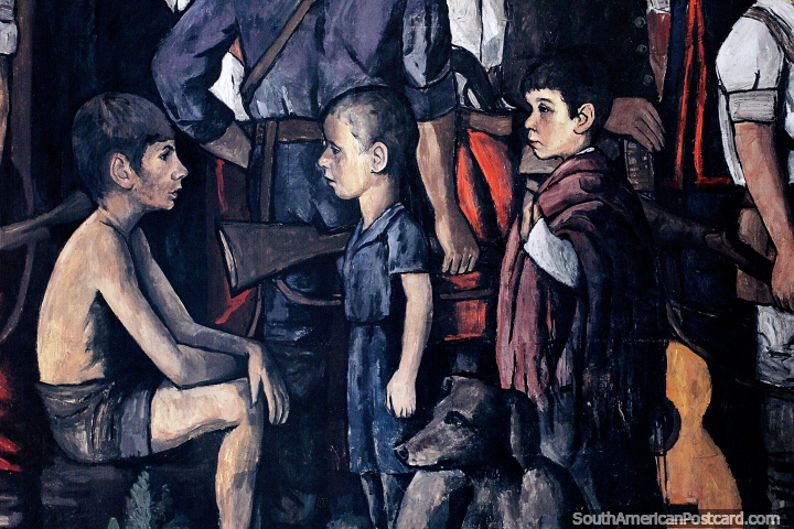 3 young boys, a dog, guitar and gun, part of the great mural at the government palace in Paysandu. (720x480px). Uruguay, South America.