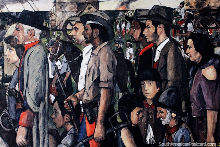 Uma reproduo de um mural desde 1961 em Paysandu - xodo das pessoas Orientais. (720x480px). Uruguai, Amrica do Sul.