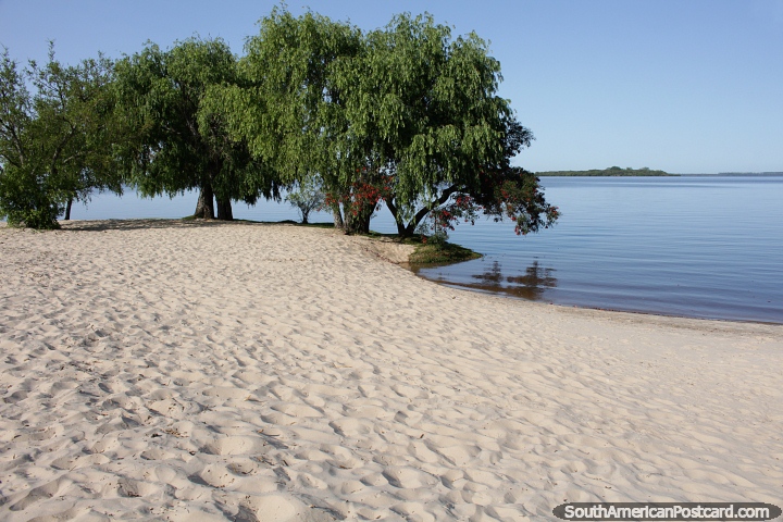 Águas azuis calmas e areias brancas na Praia Sere, no rio Carmelo. (720x480px). Uruguai, América do Sul.