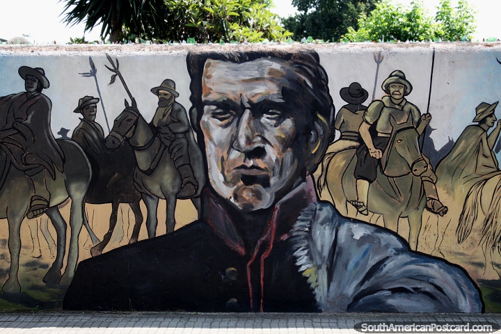 Jose Artigas e homens a cavalo, conduzindo a luta por independência, mural em Carmelo. (720x480px). Uruguai, América do Sul.