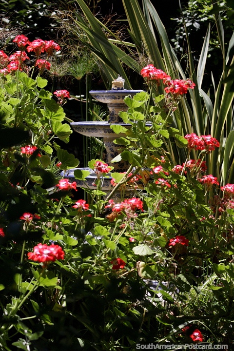 Fuente de cermica en jardines rodeados de flores y plantas en Colonia. (480x720px). Uruguay, Sudamerica.